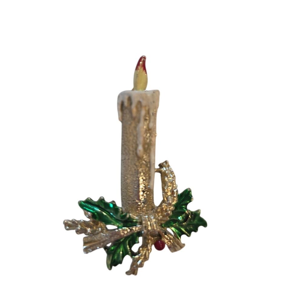 VTG Signed Waldeck Gold Holly Holiday Enamel Candle Christmas Brooch MCM  READ
